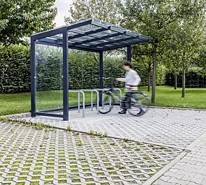 Fahrradüberdachung PICTOR, Dachbreite x Dachtiefe 3500 mm x 2250 mm, Rück- / Seitenwände ESG, Klarglas, Anlehnbügel FLORIDA, Stahlkonstruktion in RAL 7016 anthrazitgrau