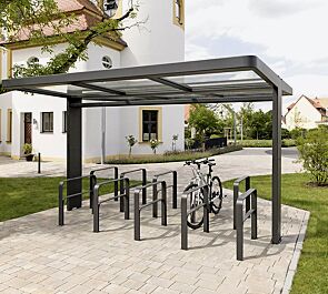 Fahrradüberdachung PURE mit Trogdach, Dachbreite x Dachtiefe 4000 mm x 3250 mm, Anlehnbügel TAMPA, Stahlkonstruktion in DB 703 eisenglimmer <br /><br />Fahrradüberdachung PURE mit Trogdach, Dachbreite x Dachtiefe 4000 mm x 3250 mm, Stahlkonstruktion feuerverzinkt und pulverbeschichtet, Dacheindeckung VSG, Klarglas