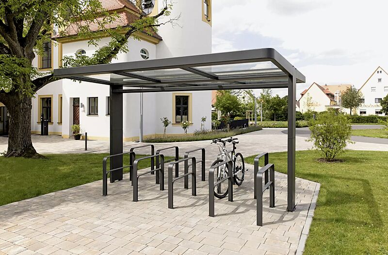 fahrradueberdachung-pure__shoKAT0052334 Fahrradüberdachung PURE, Dachbreite x Dachtiefe 4000 mm x 3250 mm, doppelseitig, mit Anlehnbügel TAMPA, Stahlkonstruktion in DB 703 eisenglimmer Fahrradüberdachung PURE, Dachbreite x Dachtiefe 4000 mm x 3250 mm, doppelseitig, Stahlkonstruktion feuerver...