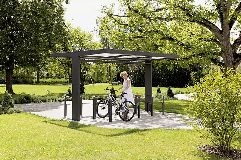 fahrradueberdachung-pure__shoKAT0052335 Fahrradüberdachung PURE, Dachbreite x Dachtiefe 4000 mm x 3250 mm, doppelseitig, mit Anlehnbügel TAMPA, Stahlkonstruktion in DB 703 eisenglimmerFahrradüberdachung PURE, Dachbreite x Dachtiefe 4000 mm x 3250 mm, doppelseitig, Stahlkonstruktion feuerverz...