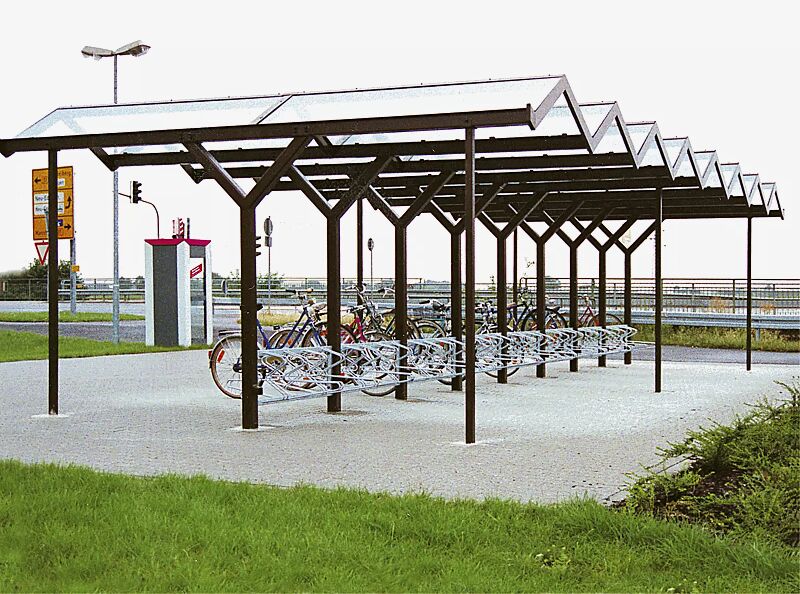 fahrradueberdachung-tangenta__shoKAT0001278 Fahrradüberdachung TANGENTA, doppelseitig, Dachbreite x Dachtiefe 12200 mm x 5000 mm, mit Fahrradständer MADISON, Stahlkonstruktion in RAL 8016 mahagonibraun