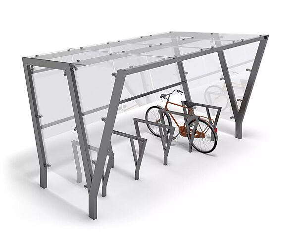 Fahrradüberdachung TAURI, Dachbreite x Dachtiefe 3940 mm x 2500 mm, Dacheindeckung VSG, Rückund Seitenwand ESG, Klarglas, Fahrradständer (auf Anfrage), Stahlkonstruktion in RAL 7004 signalgrau