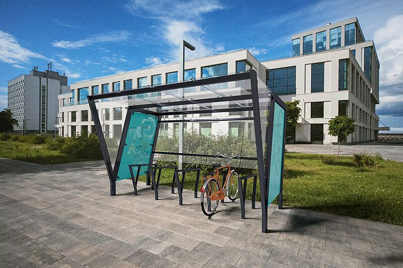 fahrradueberdachung-tauri__shoKAT0074791 Fahrradüberdachung TAURI, Dachbreite x Dachtiefe 3940 mm x 2500 mm, Rückwand ESG, Klarglas, Seitenwand Stahlblech perforiert und ESG, Klarglas, Dacheindeckung VSG, Klarglas, Fahrradanlehnbügel TAURI, Stahlkonstruktion in RAL 7016 anthrazitgrauFahrradüb...