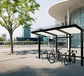 Fahrradüberdachung TRAXO, Dachbreite x Dachtiefe 4210 mm x 2500 mm, Rück- / Seitenwände ESG, Klarglas, mit Siebdruckdekor, Fahrradanlehnbügel UNOLA, Stahlkonstruktion in RAL 7016 anthrazitgrau