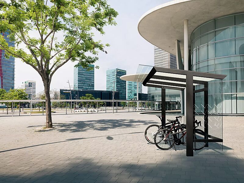 Fahrradüberdachung TRAXO, Dachbreite x Dachtiefe 4210 mm x 2500 mm, Rück- / Seitenwände ESG, Klarglas, mit Siebdruckdekor, Fahrradanlehnbügel UNOLA, Stahlkonstruktion in RAL 7016 anthrazitgrau