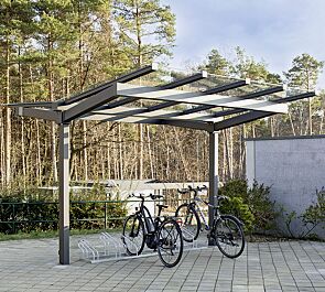 Fahrradüberdachung TUCANA mit Trogdach, Dachbreite x Dachtiefe 3300 mm x 4600 mm, Fahrradständer UNIVERSAL, Stahlkonstruktion in RAL 7016 anthrazitgrau
