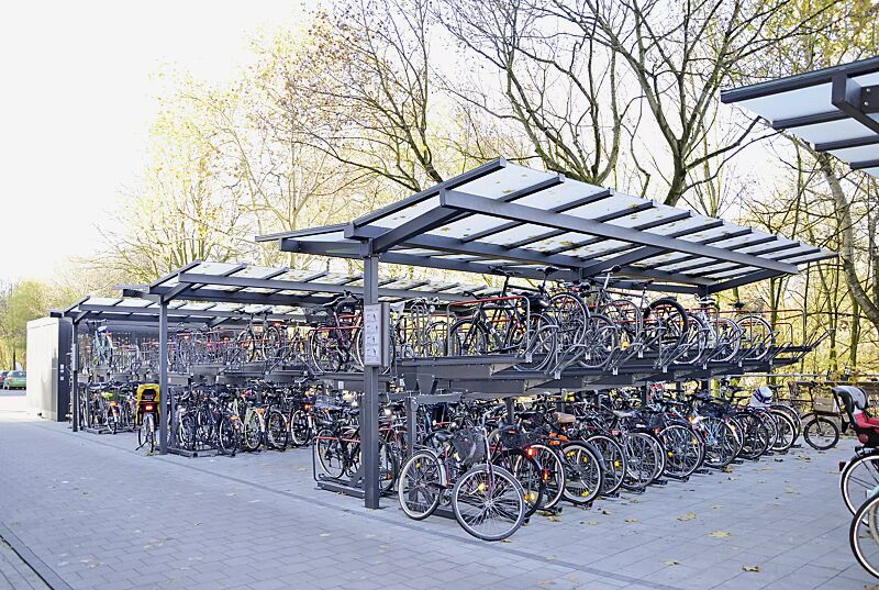 fahrradueberdachung-tucana-fuer-doppelstock-fahrradparksysteme__shoKAT0059025 Fahrradüberdachung TUCANA für Doppelstock-Fahrradparksysteme, Dachbreite x Dachtiefe 7600 mm x 4600 mm, Doppelstock-Fahrradparksystem FLEXHUB, Stahlkonstruktion in DB 703 eisenglimmer