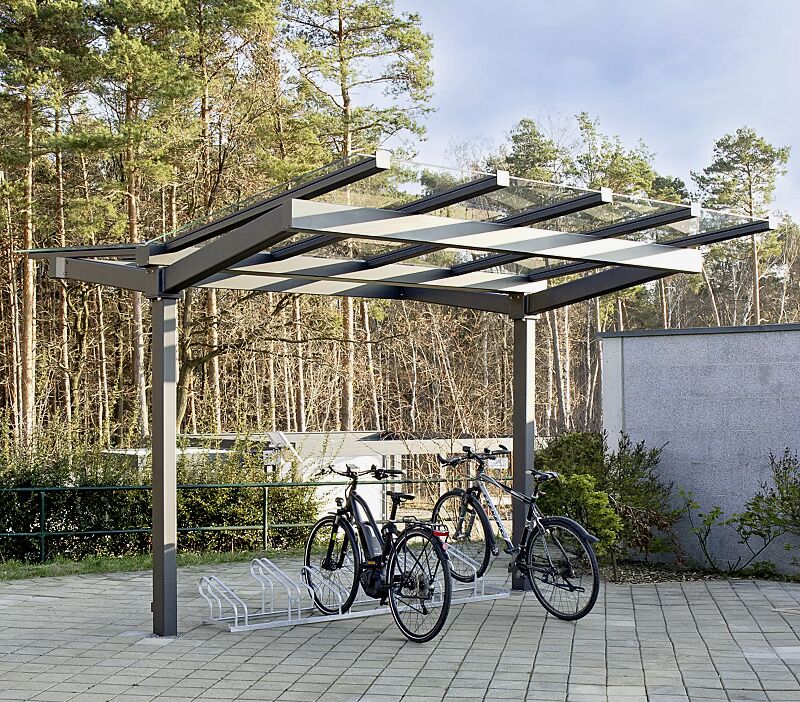 fahrradueberdachung-tucana__shoKAT0063185 Fahrradüberdachung TUCANA, Dachbreite x Dachtiefe 3300 mm x 4600 mm, doppelseitig, mit Fahrradständer UNIVERSAL, Stahlkonstruktion in RAL 7016 anthrazitgrau
