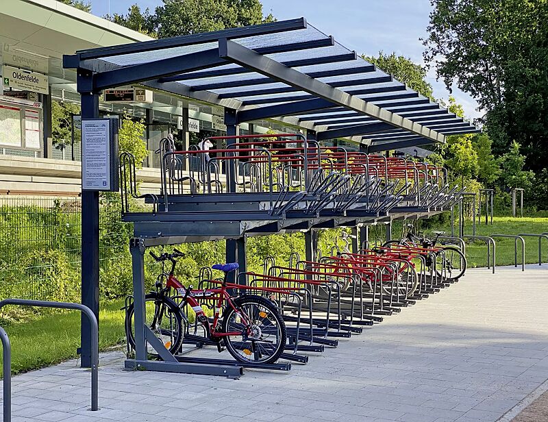fahrradueberdachung-tucana__shoKAT0067598 Fahrradüberdachung TUCANA für Doppelstock-Fahrradparksysteme, Dachbreite x Dachtiefe 10600 mm x 2300 mm (auftragsbezogene Anpassung), Doppelstock-Fahrradparksystem FLEXHUB, Stahlkonstruktion in DB 703 eisenglimmer