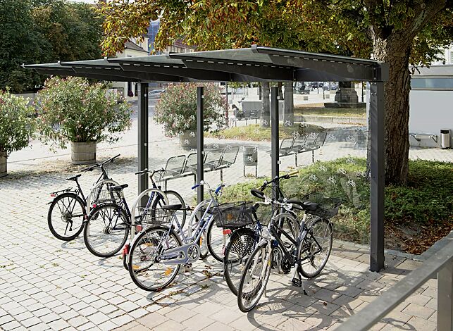 Fahrradüberdachung VIRGO, Dachbreite x Dachtiefe 4720 mm x 2250 mm, einseitig, Rückwand ESG, Klarglas, Scheibendekorbeklebung bauseits, Stahlkonstruktion in DB 703 eisenglimmer