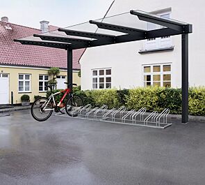 Fahrradüberdachung VIRGO mit Pultdach, Dachbreite x Dachtiefe 4720 mm x 2250 mm, Fahrradständer UNIVERSAL, Stahlkonstruktion in RAL 7016 anthrazitgrau