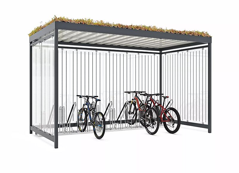 Fahrradüberdachung AQUILA GREEN, Dachbreite x Dachtiefe 4195 mm x 2165 mm, zum Aufdübeln bei -200 mm, Rück- / Seitenwände ESG, Klarglas inklusive Siebdruckdekor, Fahrradständer OAKLAND, Stahlkonstruktion in RAL 7016 anthrazitgrau