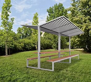 Freizeitüberdachung CISON, Lamellendach aus Stahl, 2 x Dachbreite 2100 mm x Dachtiefe 2491 mm, mit integriertem Tisch und Sitzbank, Stahlkonstruktion in RAL 9006 weißaluminium