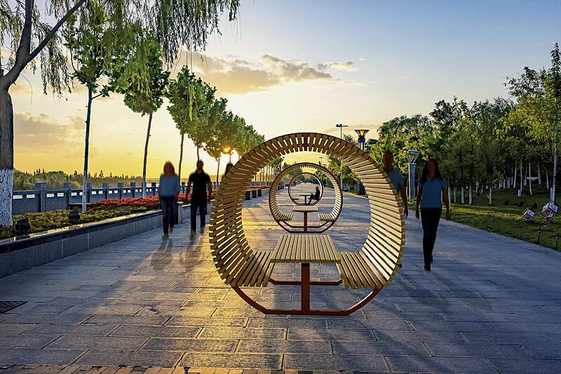 freizeitueberdachung-cison-contea__shoKAT0073341 Freizeitüberdachung CISON CONTEA mit Tisch und Sitzbänken, kreisförmig, mit Kiefernholzbelattung, Stahlteile in RAL 2002 blutorange