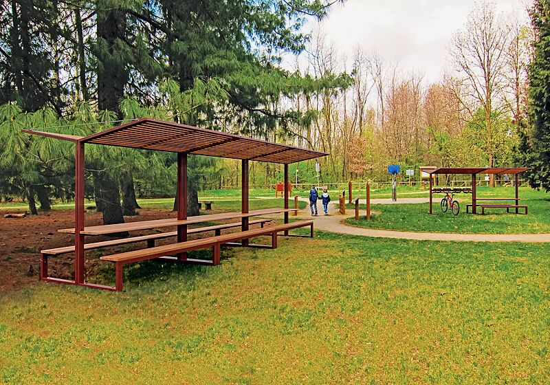 freizeitueberdachung-cison__shoKAT0059759 Freizeitüberdachung CISON, Lamellendach aus Holz, 3 x Dachbreite 2100 mm x Dachtiefe 2491 mm, mit integriertem Tisch und Sitzbank, Stahlkonstruktion in RAL 8017 schokoladenbraun, sowie Fahrradüberdachung CISON