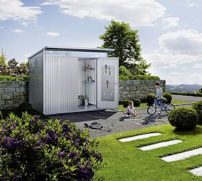 Gerätehaus AVANTGARDE®ECO, Größe A5, silber-metallic, mit Aluminium-Bodenrahmen und -Bodenplatte, Werkzeughalter in Tür, Regalböden-Set, mit Doppelflügeltür