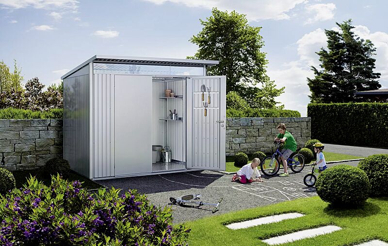 geraetehaus-avantgarde__shoKAT0065068 Gerätehaus AVANTGARDE®, Modell 5, in silber-metallic, mit Doppelflügeltür, Aluminium-Bodenrahmen und -Bodenplatte