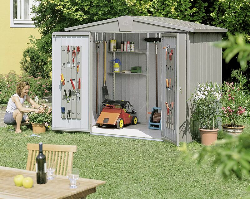 geraetehaus-europa__shoKAT0009773 Gerätehaus EUROPA, Modell 3, in quarzgrau-metallic, mit Alu-Bodenrahmen, Alu-Bodenplatten, Regalböden-Set und Gerätehalter (Zubehör)