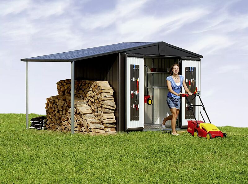 geraetehaus-europa__shoKAT0058355 Gerätehaus EUROPA, Modell 3, in dunkelgrau-metallic, mit Alu-Bodenrahmen, Alu-Bodenplatte, Regalböden-Set und Gerätehalter, Seitendach (Zubehör)