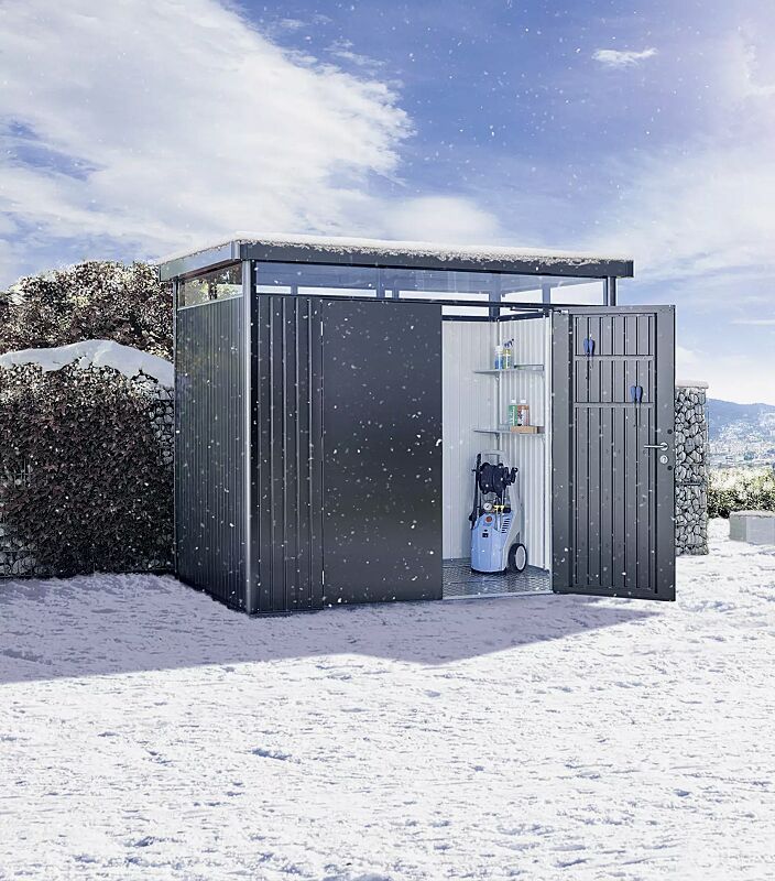 geraetehaus-highline__shoKAT0056103 Gerätehaus HighLine®, Modell 2 in dunkelgrau-metallic, mit Alu Bodenrahmen, Alu-Bodenplatte und Doppelflügeltür