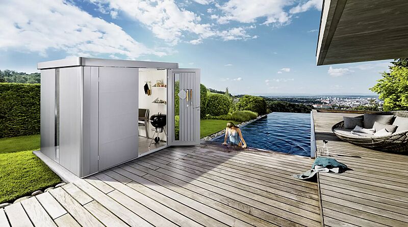 geraetehaus-neo__shoKAT0065973 Gerätehaus NEO, Modell 1D in silber-metallic, mit Doppelflügeltür, Lichtpanel, Regalböden, Aluminium-Bodenrahmen und -Bodenplatte