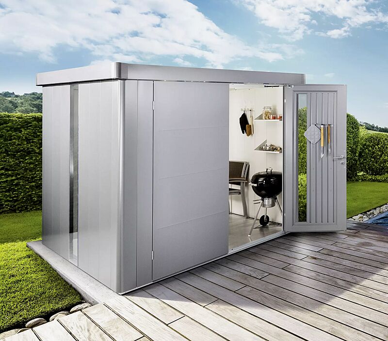 Gerätehaus NEO, Modell 6 in silber-metallic, mit Doppelflügeltür, Lichtpanel, Regalböden, Aluminium-Bodenrahmen und -Bodenplatte