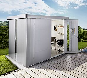<div id="container" class="container">Gerätehaus NEO, Modell 6 in silber-metallic, mit Doppelflügeltür, Lichtpanel, Regalböden, Aluminium-Bodenrahmen und -Bodenplatte</div>