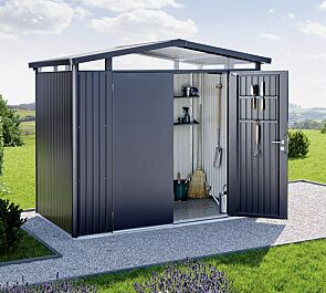 <div id=""container"" class=""container"">Gerätehaus PANORAMA®, Modell 2 in dunkelgrau-metallic, mit Doppelflügeltür, mit Aluminium-Bodenrahmen und -Bodenplatte</div>