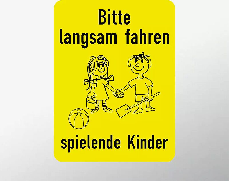 hinweisschild-bitte-langsam-fahren__shoKAT0064048 Hinweisschild: Bitte langsam fahren - spielende Kinder