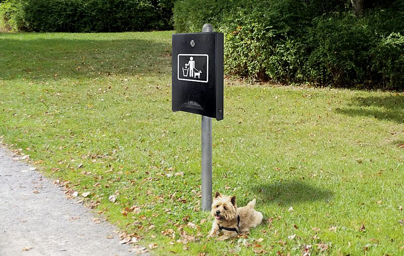 Hundekotbeutelspender TERRIER in RAL 7016 anthrazitgrau, mit Pfosten zum Einbetonieren (Zubehör)