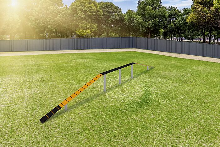 Hundelaufsteg SATU, Balancierbrett in daliengelb ähnlich RAL 1033 und RAL 9005 tiefschwarz