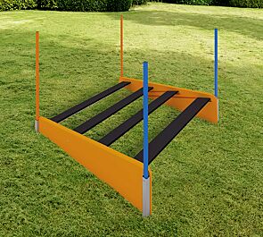 Hundeweitsprungtrainer KIRSI, Gestell in daliengelb ähnlich RAL 1033, Stangen in daliengelb ähnlich RAL 1033 und RAL 5015 himmelblau, Weitsprungelemente in RAL 9005 tiefschwarz