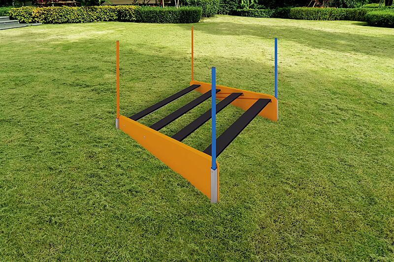 hundeweitsprungtrainer-kirsi__shoKAT0071483 Hundeweitsprungtrainer KIRSI, Gestell in daliengelb ähnlich RAL 1033, Stangen in daliengelb ähnlich RAL 1033 und RAL 5015 himmelblau, Weitsprungelemente in RAL 9005 tiefschwarz