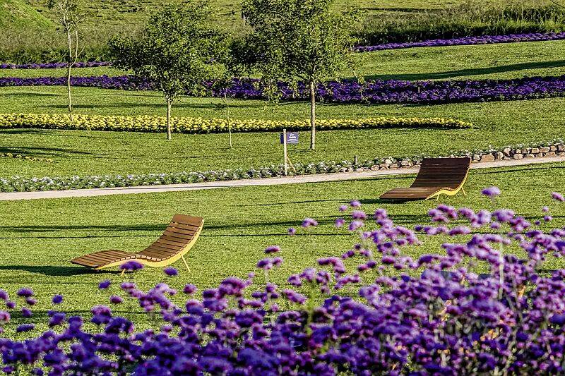 Liegebänke BOJON mit Hartholzbelattung, Breite 600 mm und 1100 mm, Stahlteile in RAL 1021 rapsgelb