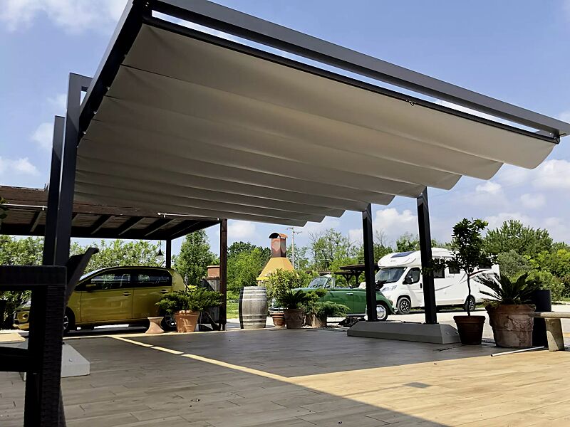 markisen-freigestell-teramo__shoKAT0075566 Markisen-Freigestell TERAMO, Dachbreite x Dachtiefe 3000 mm x 5000 mm, PVC Tuch weiß, Aluminiumkonstruktion grau gesprenkelt