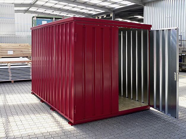 Materialcontainer BOSVILLE, Modell 3, feuerverzinkt und lackiert in RAL 3000 feuerrot, inkl. Boden, Doppeltür an Stirnseite