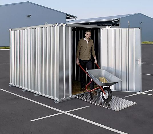 <div id=""container"" class=""container"">Materialcontainer BOSVILLE, Modell 3, feuerverzinkt, inkl. Boden, Einflügeltür an Stirnseite, Aluminium-Auffahrrampe gegen Mehrpreis</div>