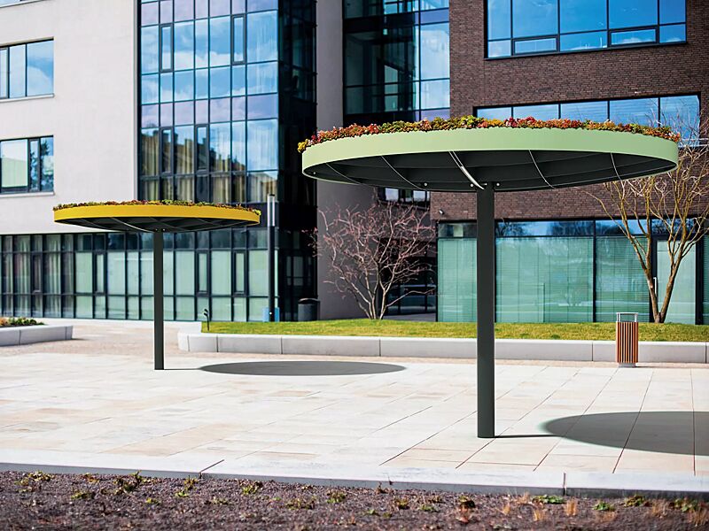 meeting-point-pin-green__shoKAT0071015 Meeting-Point PIN GREEN, Ø 3505 mm, mit bauseitiger Dachbegrünung, Stahlteile in RAL 1021 rapsgelb und RAL 7016 anthrazitgrau sowie RAL 6019 weißgrün und RAL 7016 anthrazitgrau