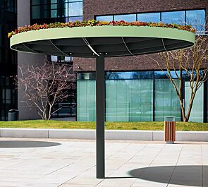 Meeting-Point PIN GREEN, Ø 3505 mm, mit bauseitiger Dachbegrünung, Stahlteile in RAL 6019 weißgrün und RAL 7016 anthrazitgrau
