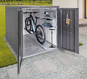 Minigarage AUSTRIA, feuerverzinkt und polyamid-einbrennlackiert in silber-metallic, mit höhenverstellbarer Fahrradschiene für komfortableres Ein- und Ausfahren der Fahrräder, für Reifenbreite bis max. 70 mm, Regal-Set sowie Elektromontagepaneel-Set