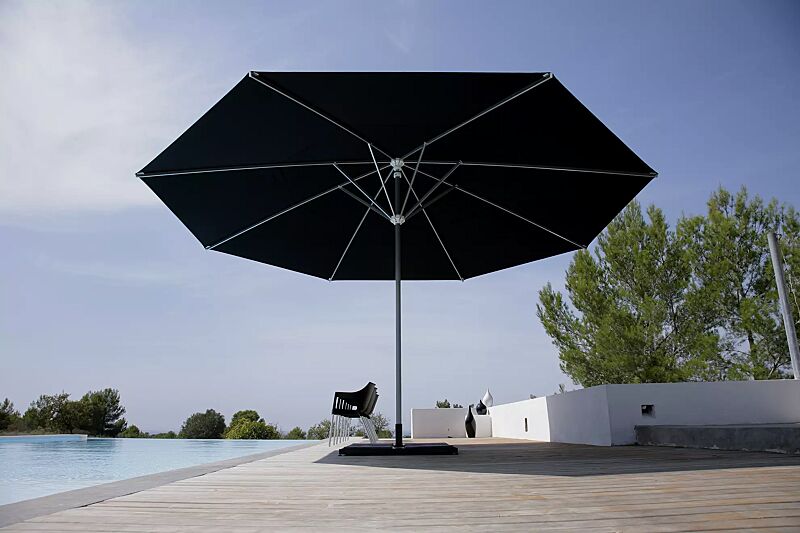 mittelmastschirm-samara__shoKAT0073782 Mittelmastschirm SAMARA, Aluminiumkonstruktion silberfarbig eloxiert, Schirmtuchausführung Standard schwarz, Plattenständer (Zubehör)