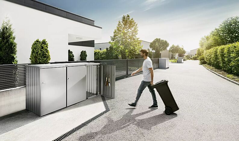 Müllbehälterschrank ALEX®, bestehend aus 3 Einzelschränken mit 2 Verbindungselementen (Zubehör), Seitenwände, Tür und Dach jeweils in silber-metallic