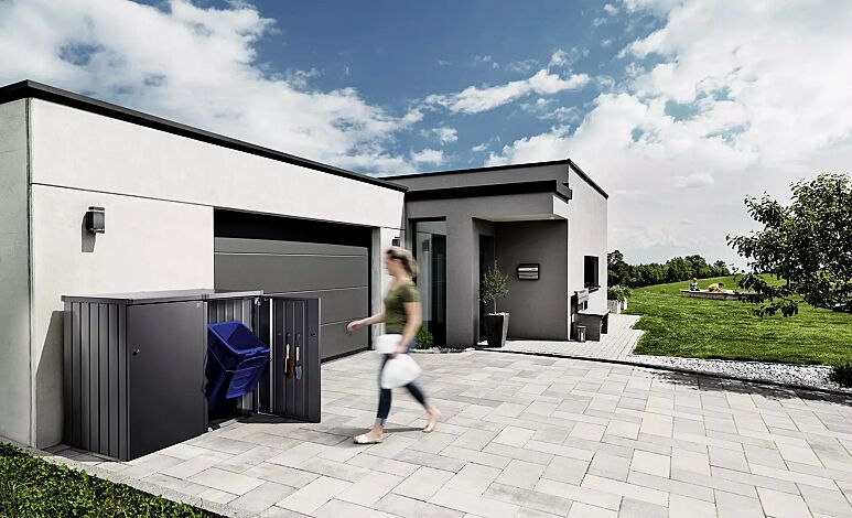 Müllbehälterschrank ALEX®, bestehend aus 2 Einzelschränken mit einem Verbindungselement (Zubehör), Seitenwände, Tür und Dach jeweils in dunkelgraumetallic