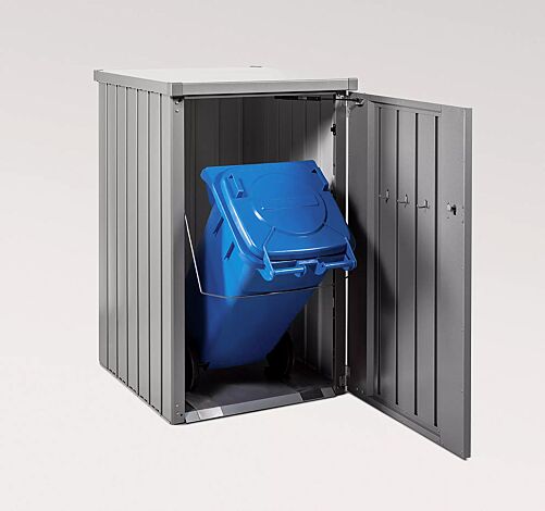 Müllbehälterschrank ALEX®, Seitenwände, Tür und Dach in silber-metallic