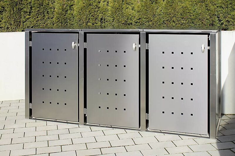 muellbehaelterschrank-cheyenne__shoKAT0065741 Müllbehälter-Dreifachschrank CHEYENNE, mit Klappdach, komplett aus Edelstahl