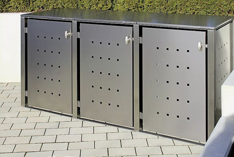 muellbehaelterschrank-cheyenne__shoKAT0065742 Müllbehälter-Dreifachschrank CHEYENNE, mit Klappdach, komplett aus Edelstahl