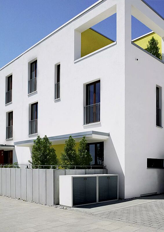 muellbehaelterschrank-darwen__shoKAT0030085 Müllbehälter-Doppelschränke DARWEN, für Tonnengröße 80 bis 240 Liter, Korpus Sichtbeton glatt, Türen in anthrazitgrau ähnlich RAL 7016, Rahmen in seidengrau ähnlich RAL 7044 (auf Anfrage gegen Mehrpreis)