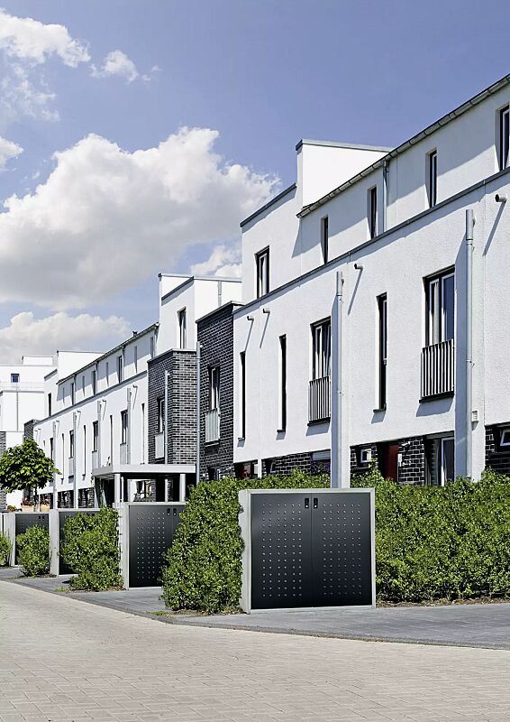 muellbehaelterschrank-darwen__shoKAT0030087 Müllbehälter-Doppelschränke DARWEN, für Tonnengröße 80 bis 120 Liter, Korpus Sichtbeton glatt, Türen in anthrazitgrau ähnlich RAL 7016, Rahmen in seidengrau ähnlich RAL 7044 (auf Anfrage gegen Mehrpreis)