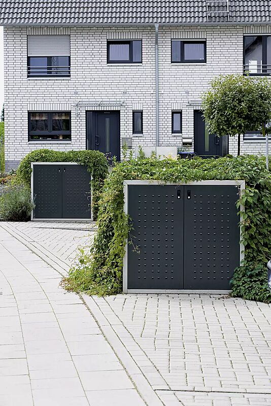 muellbehaelterschrank-darwen__shoKAT0030088 Müllbehälter-Doppelschränke DARWEN, für Tonnengröße 80 bis 240 Liter, Korpus Sichtbeton glatt, Türen in anthrazitgrau ähnlich RAL 7016, Rahmen in seidengrau ähnlich RAL 7044 (auf Anfrage gegen Mehrpreis)