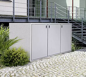 <div id="container" class="container">Müllbehälter-Dreifachschrank DUNDEE, Korpus Sichtbeton, Türen in weißaluminium ähnlich RAL 9006</div>
